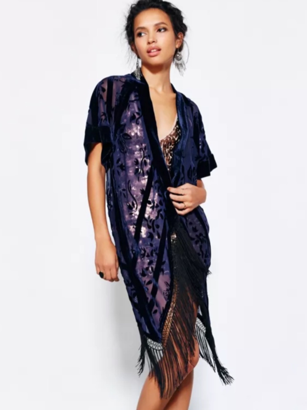 Urban outfitters Velvet Burnout Floral Fringe Open Front Kimono Cardigan